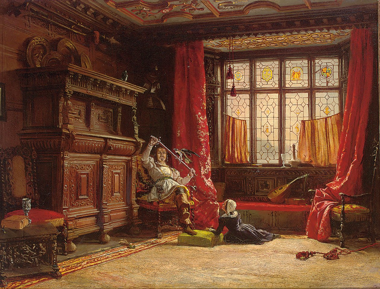 Een ridder in een verduisterd interieur, een vogel op zijn zwaard, 1843 door William Collingwood