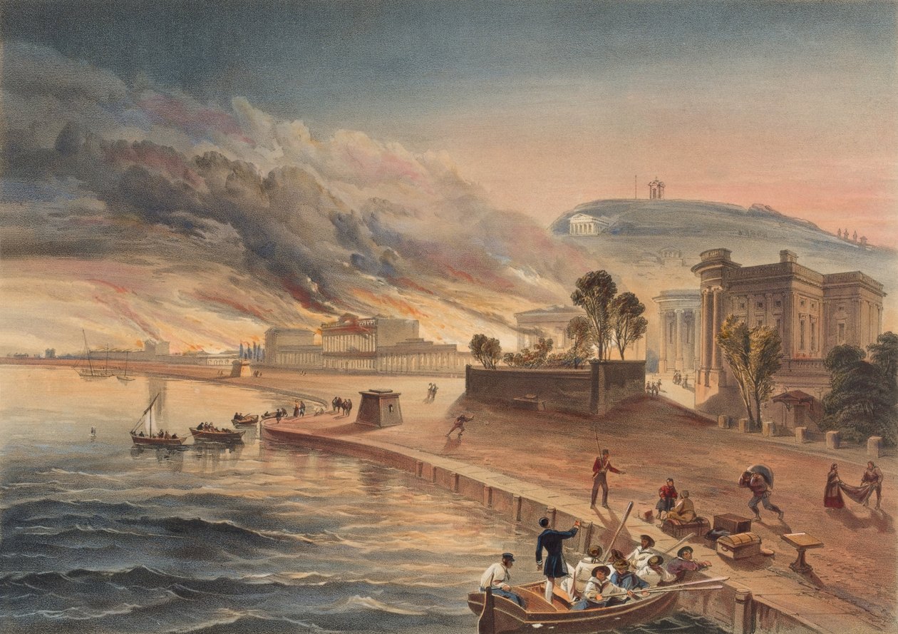 Brand van de regeringsgebouwen in Kertch. 9 juni 1855 door William Crimea Simpson