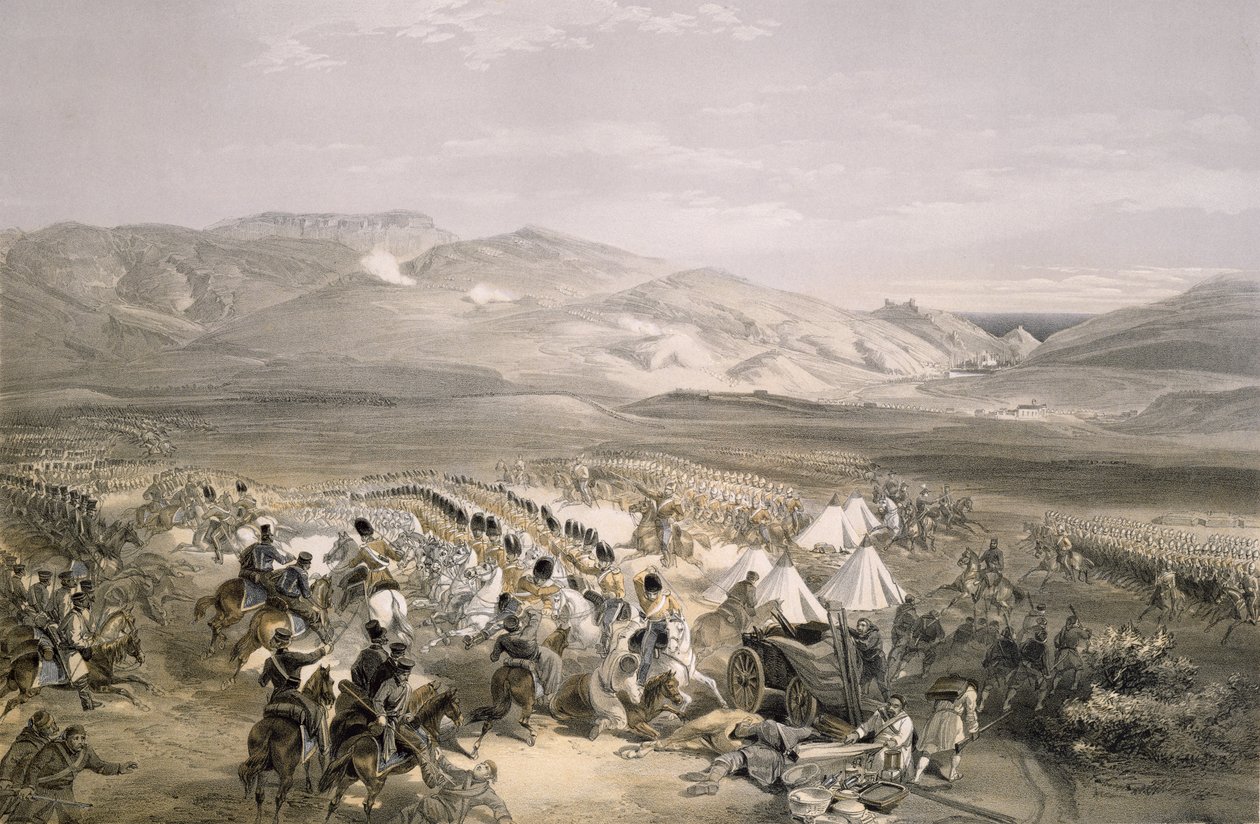 Aanval van de Zware Cavaleriebrigade in de Slag bij Balaclava op 25 oktober 1854, gegraveerd door E. Walker, gepubliceerd 1855 door William Crimea Simpson