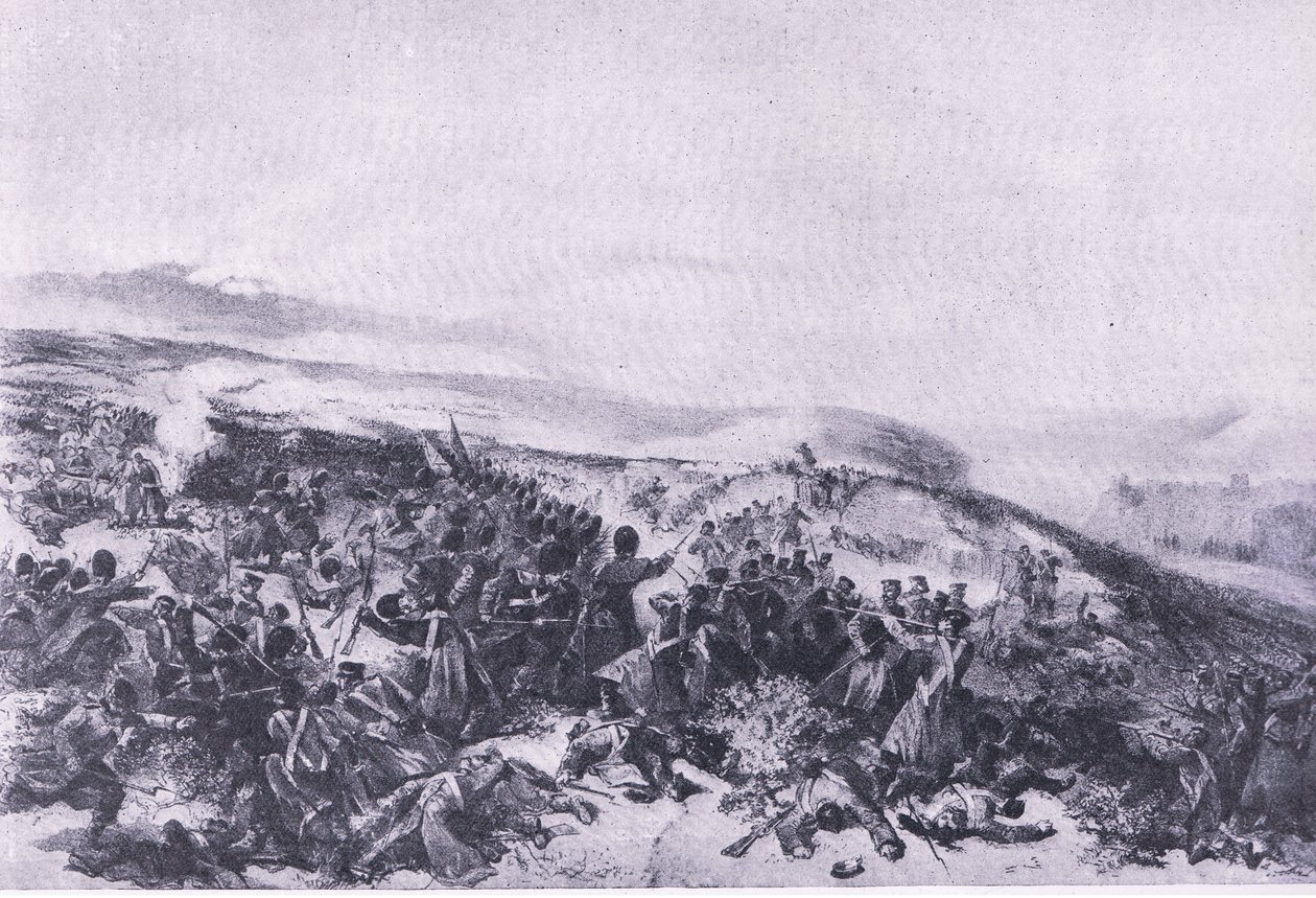 Tweede aanval van de Garde, toen ze de twee kanonbatterijen heroverden bij de Slag om Inkerman, illustratie uit Britse gevechten op land en zee, 1915 door William Crimea Simpson