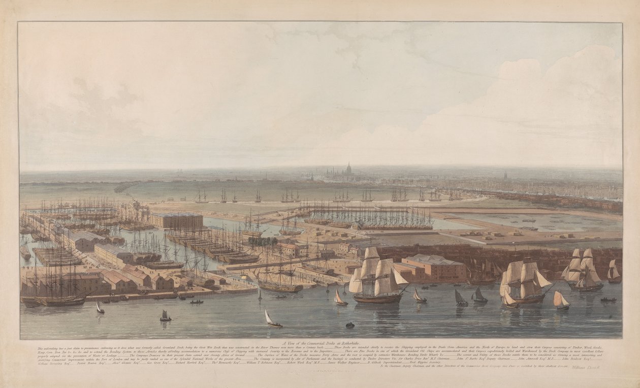 Een blik op de commerciële havenkades van Rotherhithe door William Daniell