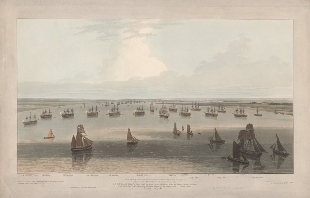 Gezicht op de in de Hope gestationeerde fregatten onder bevel van de oudere broeders van Trinity House, monding van de Theems door William Daniell