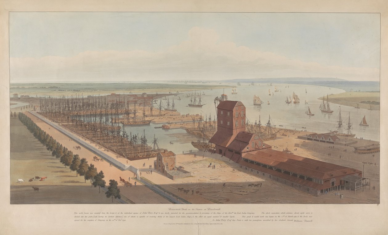Brunswick Dock aan de Theems bij Blackwall door William Daniell