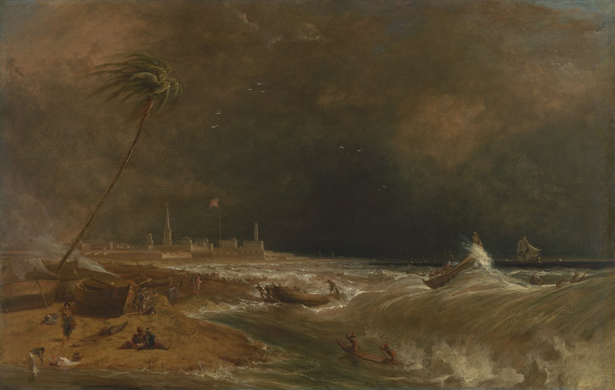 Madras, of Fort St. George, in de Golf van Bengalen -- Een storm trekt voorbij door William Daniell