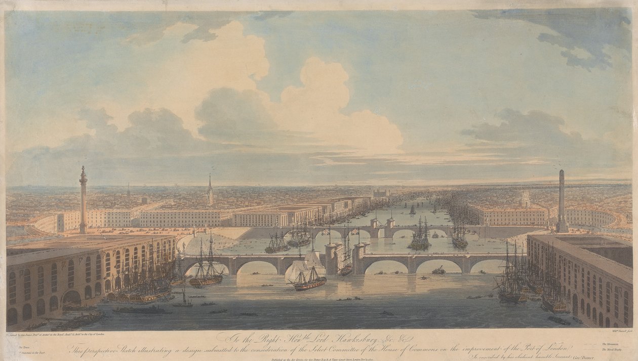 Perspectivische schets ter illustratie van een ontwerp voor de verbetering van de haven van Londen door William Daniell