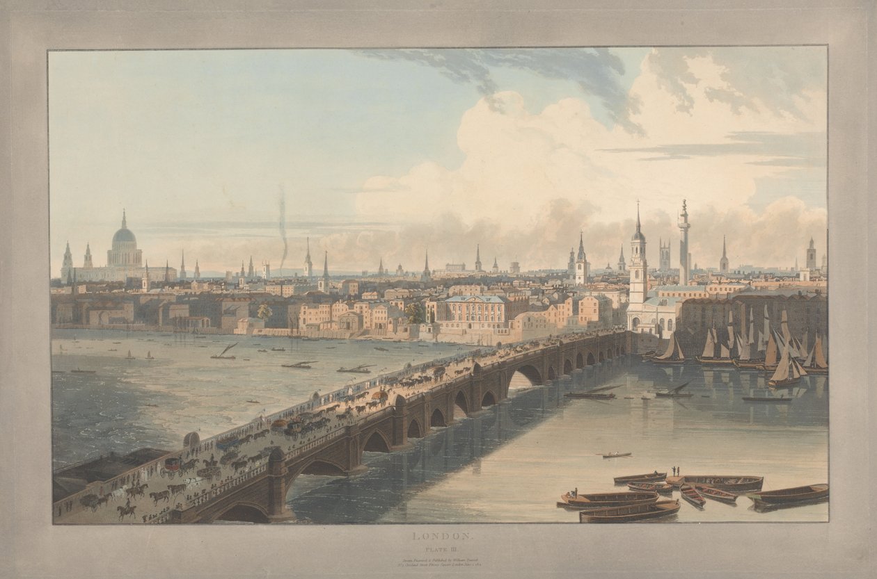 Plaat III: Londen, London Bridge (uit William Daniells *Six Views of London*; kant van de Theems) door William Daniell