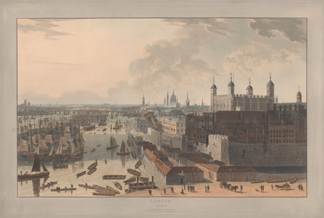 Plaat II: Londen, de Pool en de Tower (uit William Daniells’ *Six Views of London*; kant van de Theems) door William Daniell