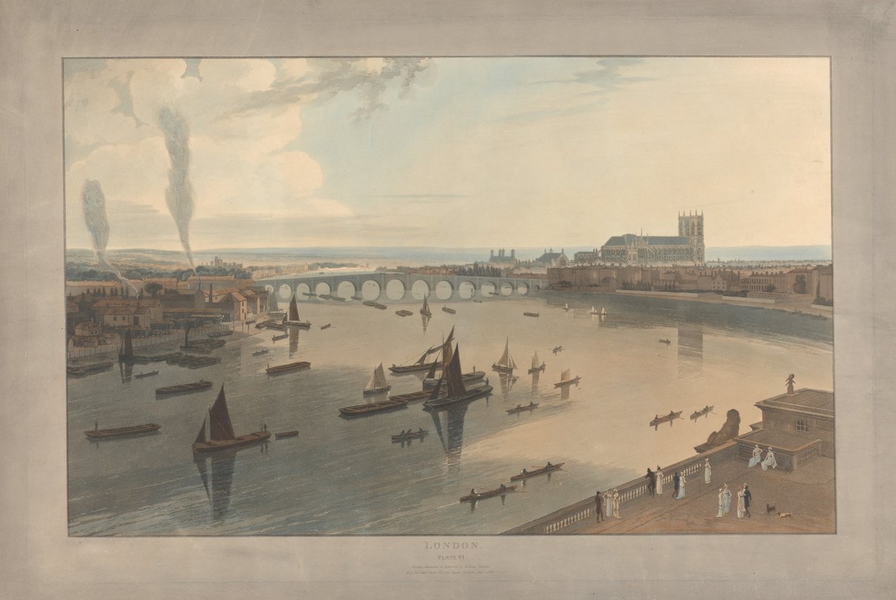 Plaat VI: Londen, Westminster Bridge en de abdij door William Daniell