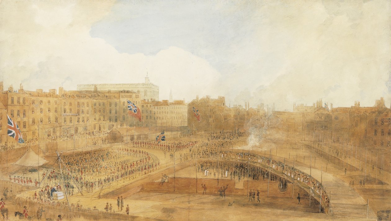 De Prins van Wales legt de eerste steen van het Theatre Royal, Covent Garden, 31 december 1808 door William Daniell