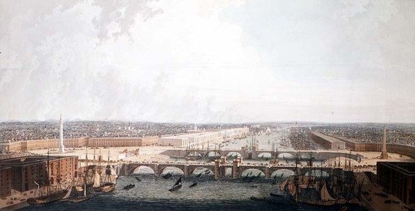 Uitzicht op Londen met de Verbeteringen van de Haven en de dubbele London Bridge. Ingediend bij de Select Committee van het Lagerhuis door William Daniel door William Daniell