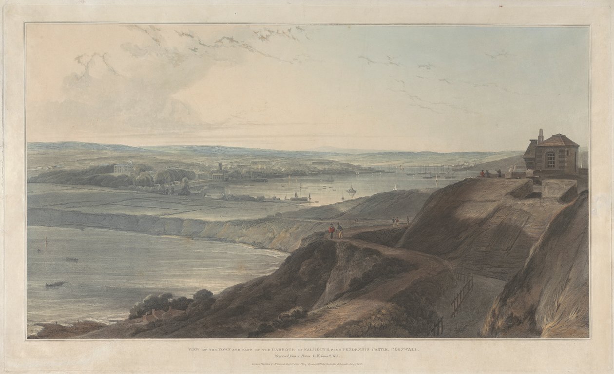 Uitzicht op de stad en een deel van de haven van Falmouth vanaf Pendennis Castle, Cornwall door William Daniell