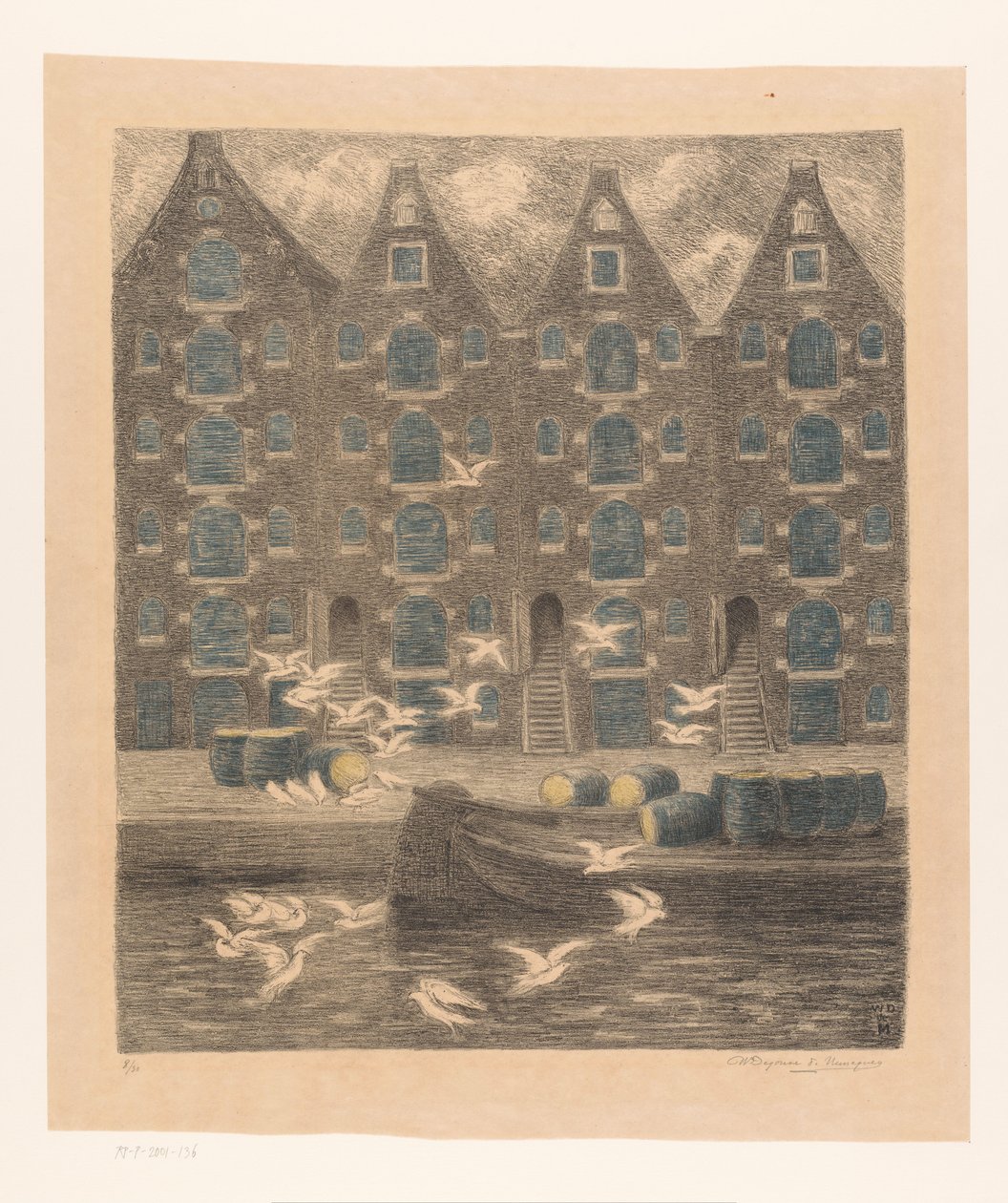Pakhuizen aan de Brouwersgracht te Amsterdam door William Degouve de Nuncques (signed by artist)