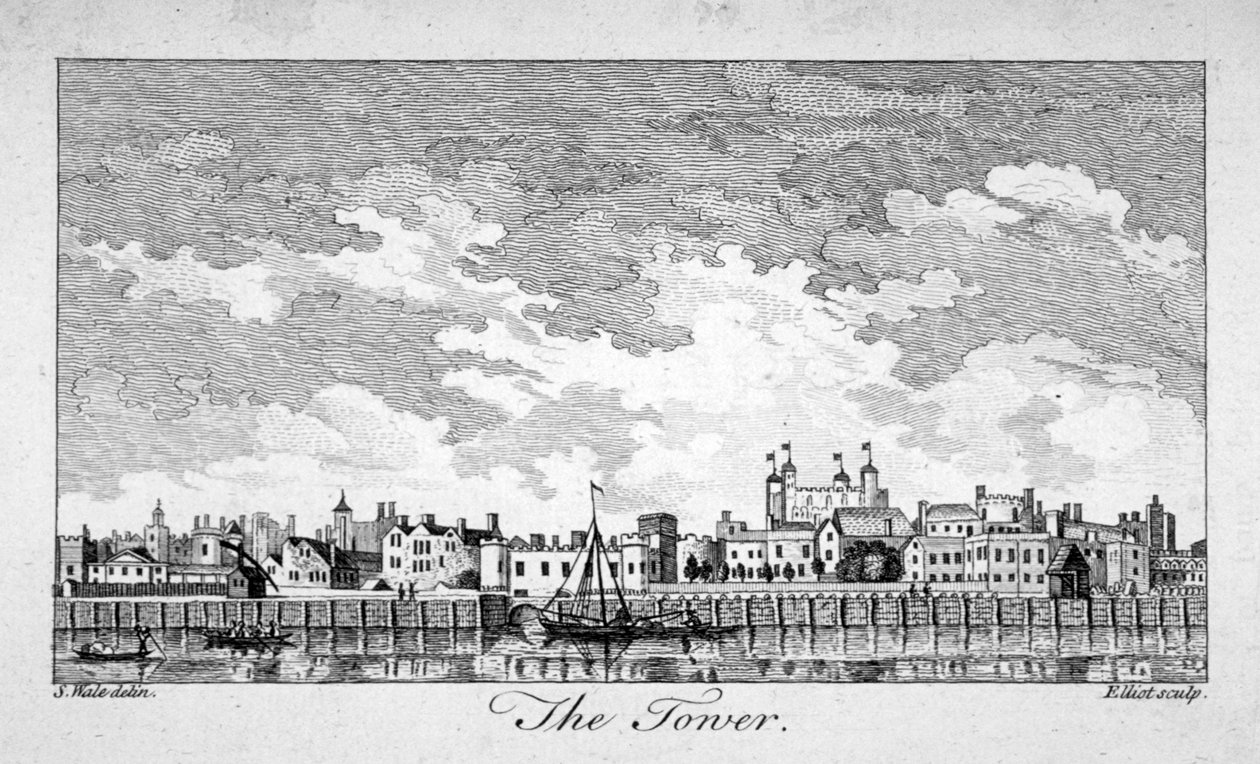 Zuidelijk uitzicht op de Tower of London met boten op de rivier de Theems, 1761 door William Elliot
