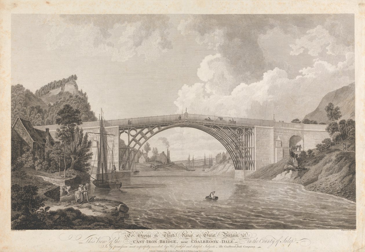 Uitzicht op de gietijzeren brug bij Coalbrookdale door William Ellis