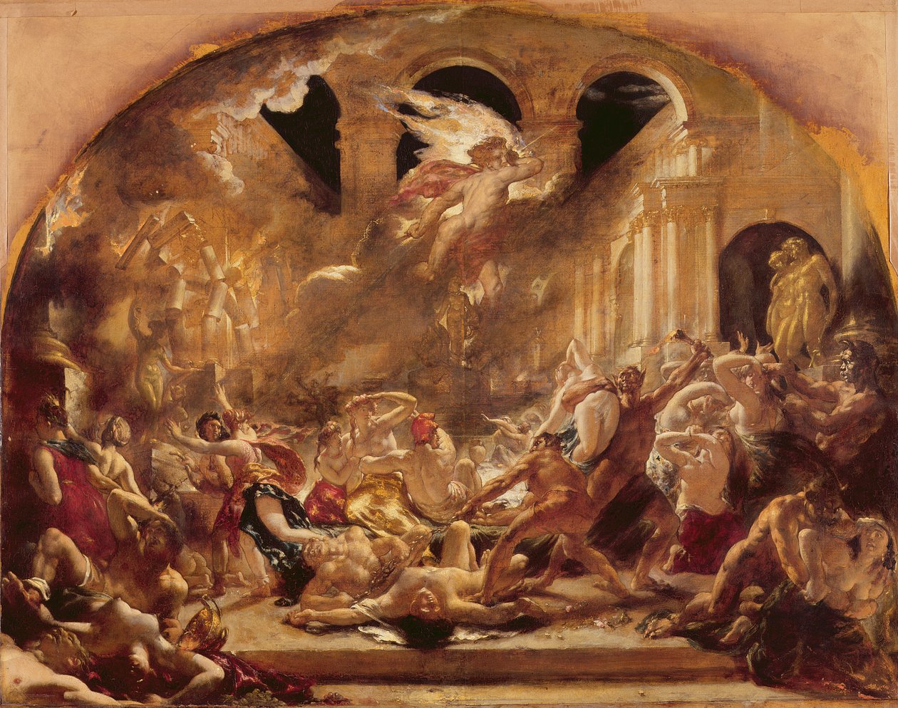 De vernietigende engel en demonen van het kwaad onderbreken de orgieën van de verdorvenen en onmatigen door William Etty