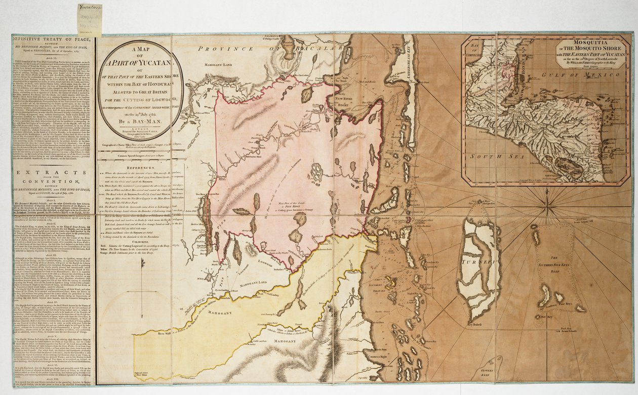 Een kaart van een deel van Yucatan of dat deel van de oostelijke kust binnen de Baai van Honduras toegewezen aan Groot-Brittannië voor het kappen van hout, als gevolg van de conventie ondertekend met Spanje op 14 juli 1786. Door een Baai Man. door William Faden
