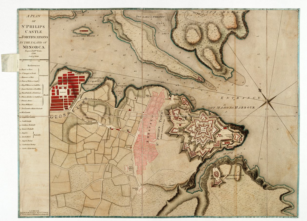 Een plan van St Philips Kasteel en vestingwerken op het eiland Minorca door William Faden