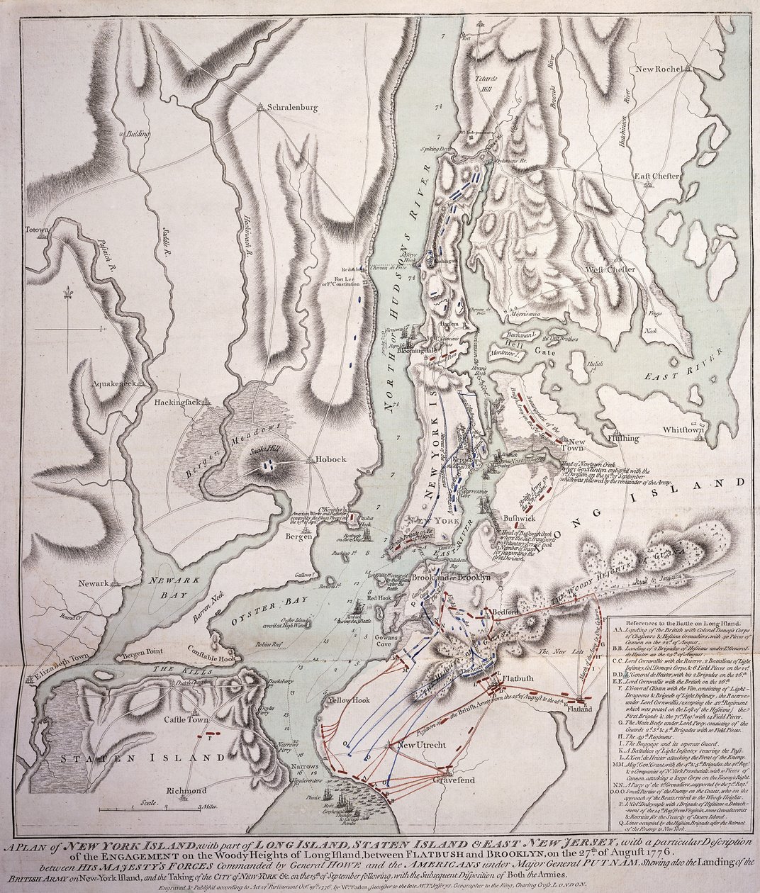 Plan van New York Island met een deel van Long Island, Staten Island en Oost New Jersey en het gevecht op de Woody Heights van Long Island tussen de Britse troepen onder bevel van generaal Sir William Howe door William Faden