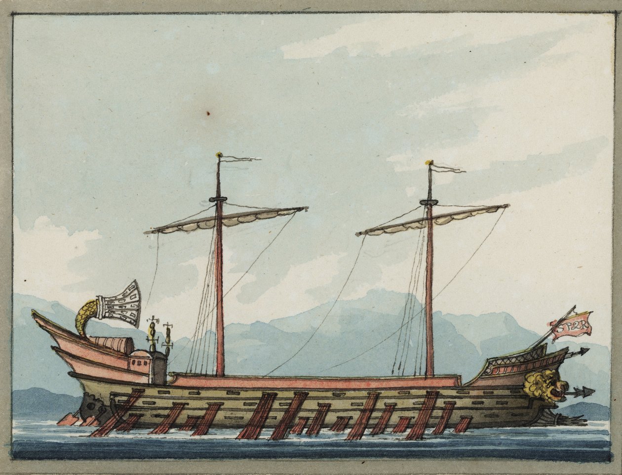 Een Romeinse trireem door William Ffarington