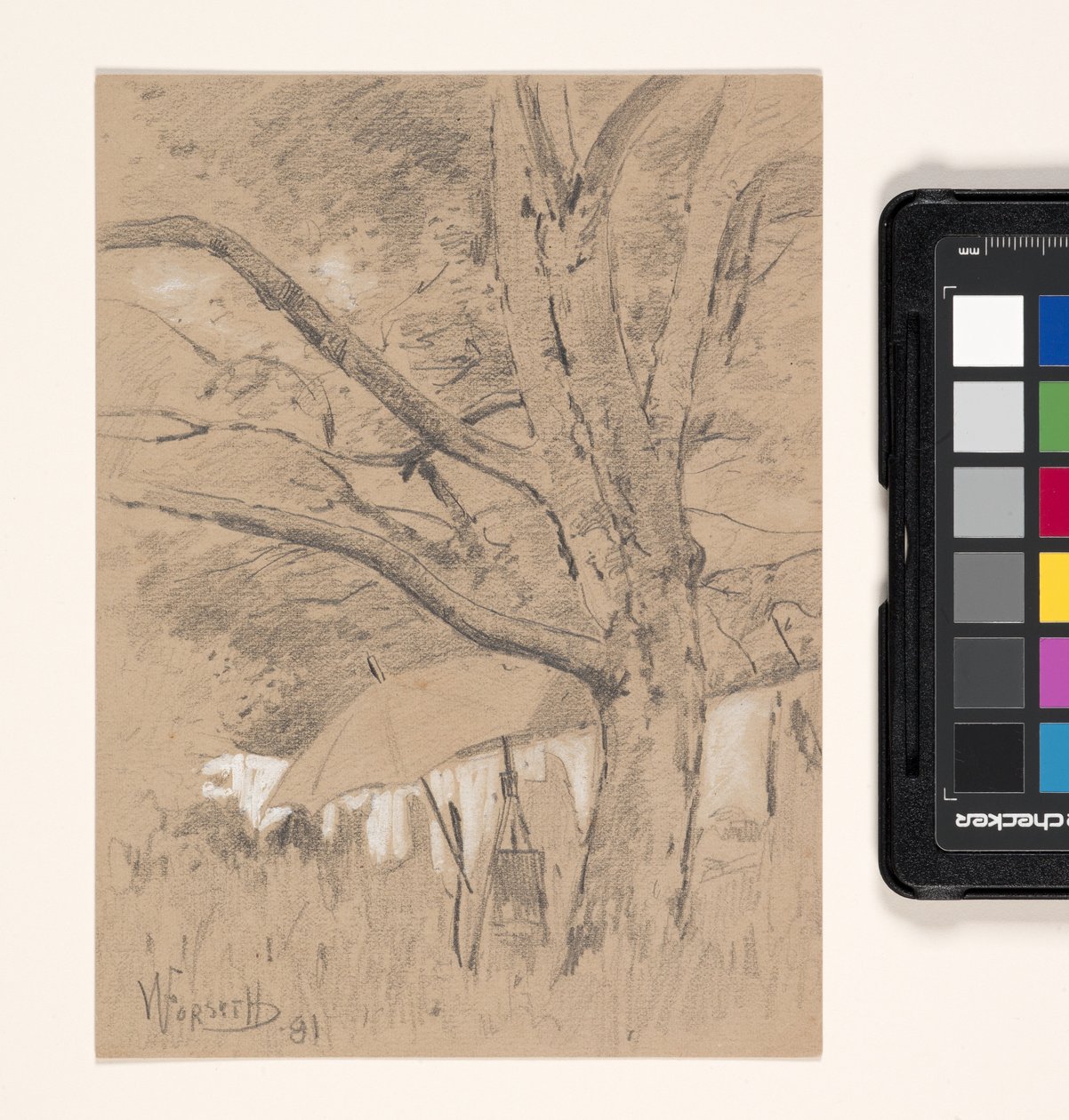 Landschap met schildersezel en paraplu door William Forsyth