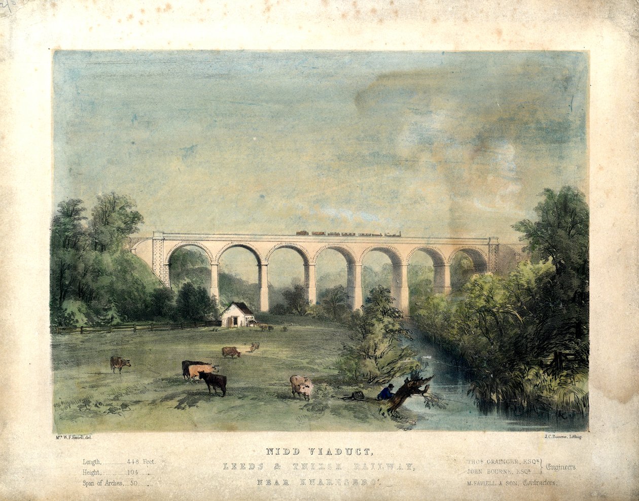 Nidd Viaduct, Leeds en Thirsk Railway, nabij Knaresborough, ca. 1850 door William Frederick Faviell