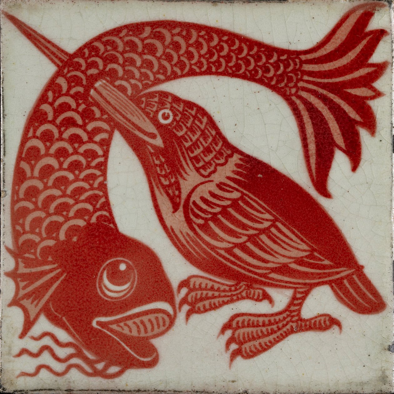 Tegel met ijsvogel met snavel door vis, 1882-1888 door William Frend De Morgan