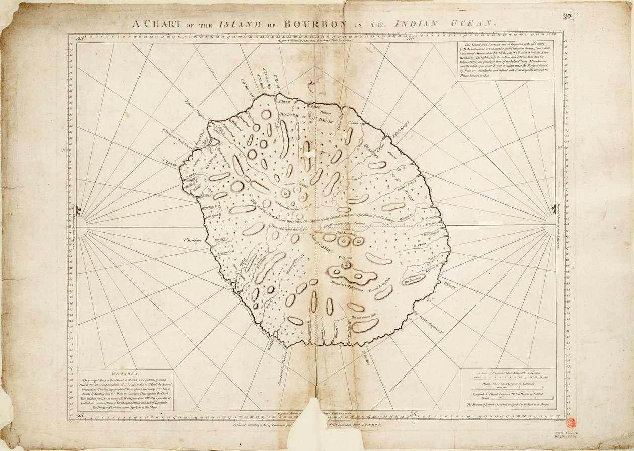 Een kaart van het eiland Bourbon in de Indische Oceaan door William Gilbert