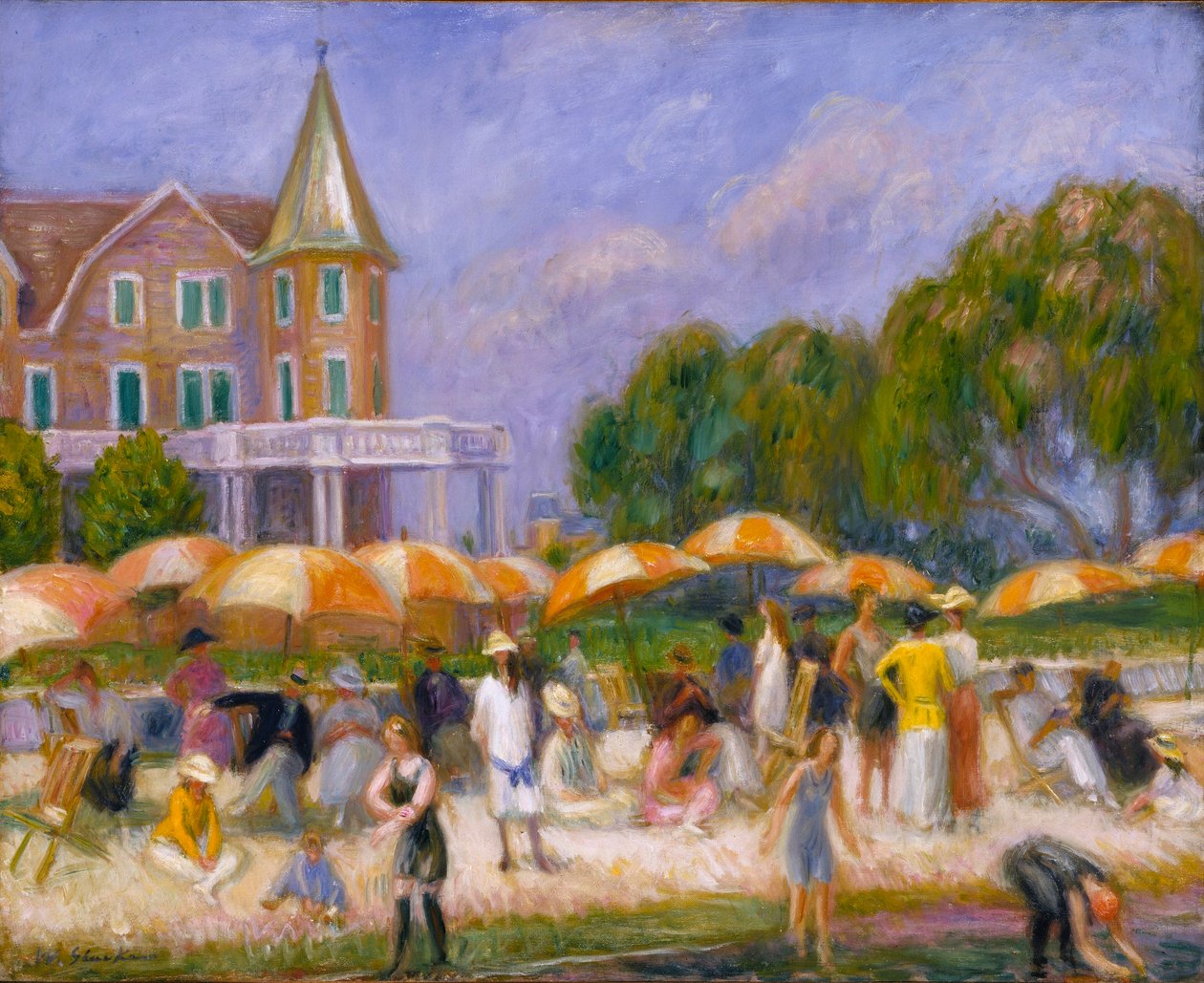 Strandparasols bij Blue Point door William Glackens