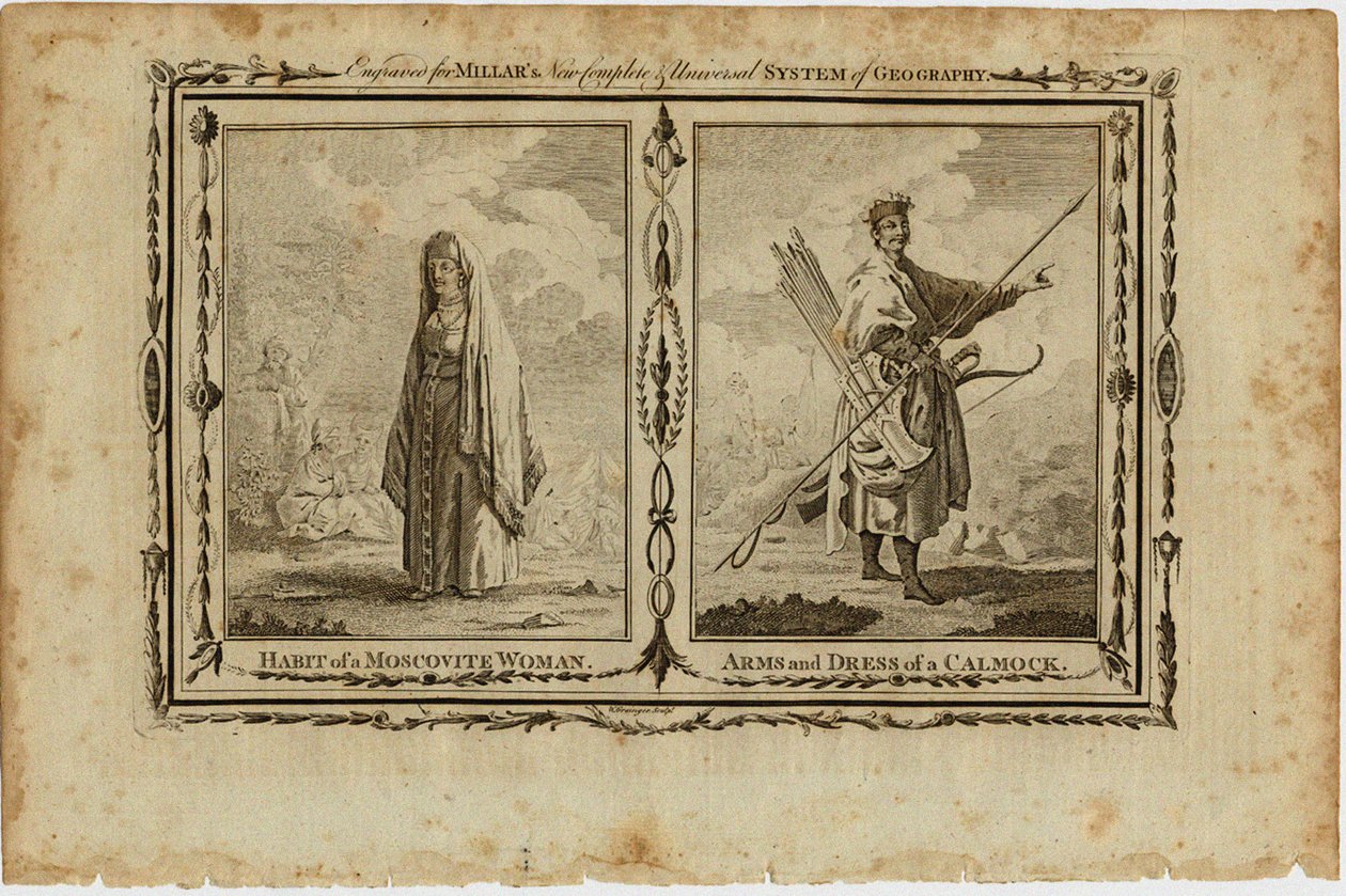 Kleding van een Moskouse vrouw en wapens en kleding van een Kalmuk, ca. 1730 door William Grainger