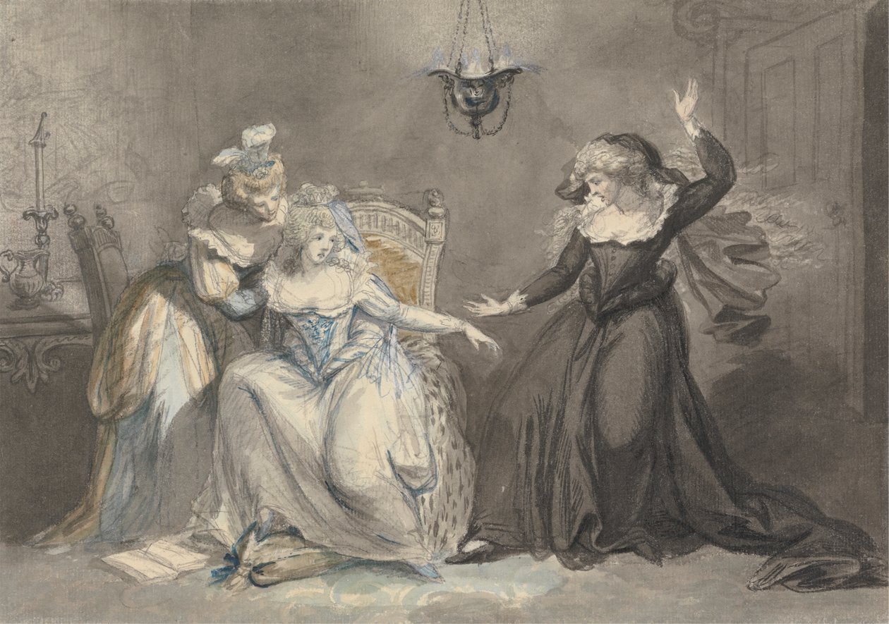 Een dramatische scène met drie vrouwen in een interieur door William Hamilton