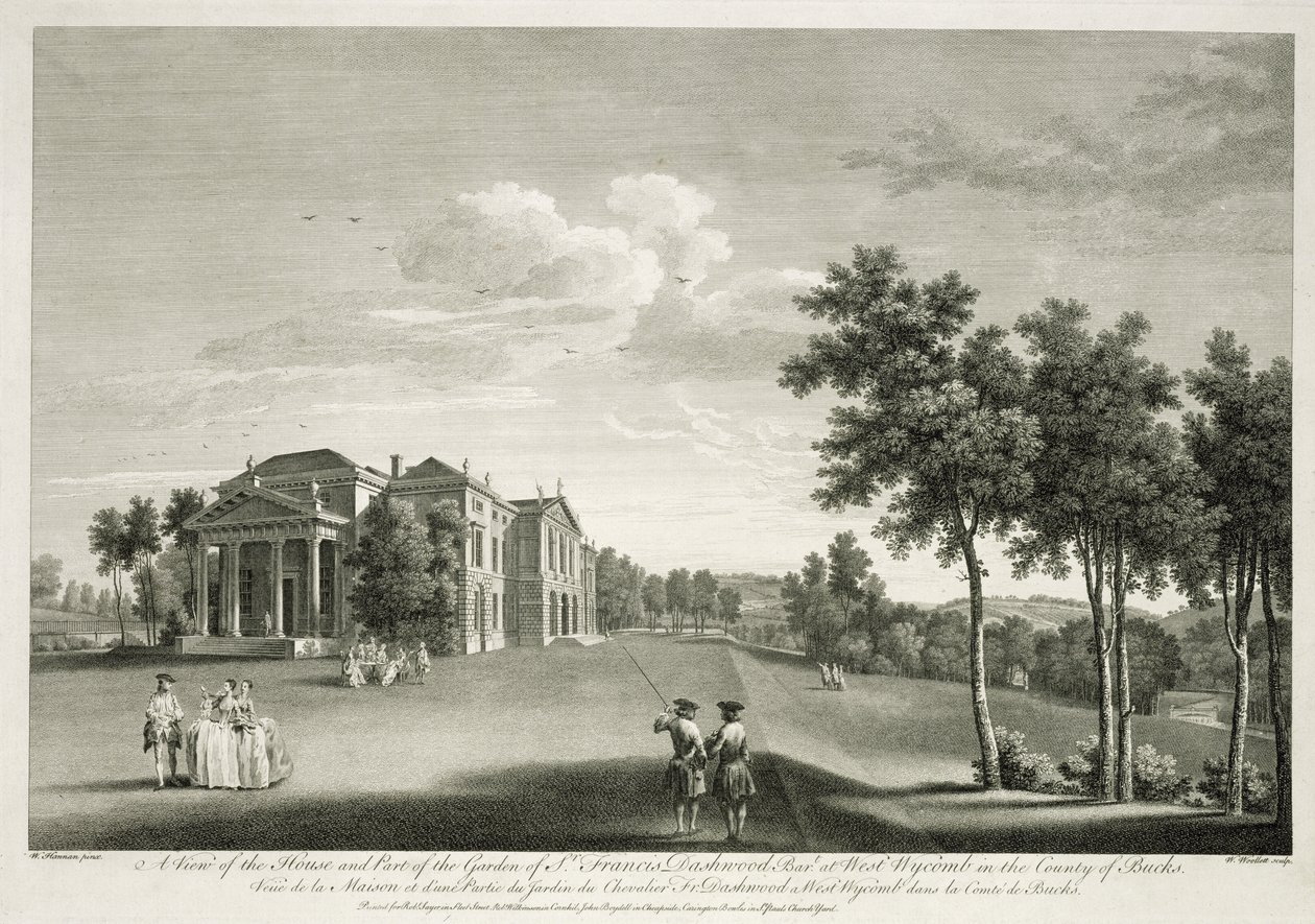 Uitzicht op het huis en een deel van de tuin in West Wycombe, Buckinghamshire, gegraveerd door William Woollett door William Hannan