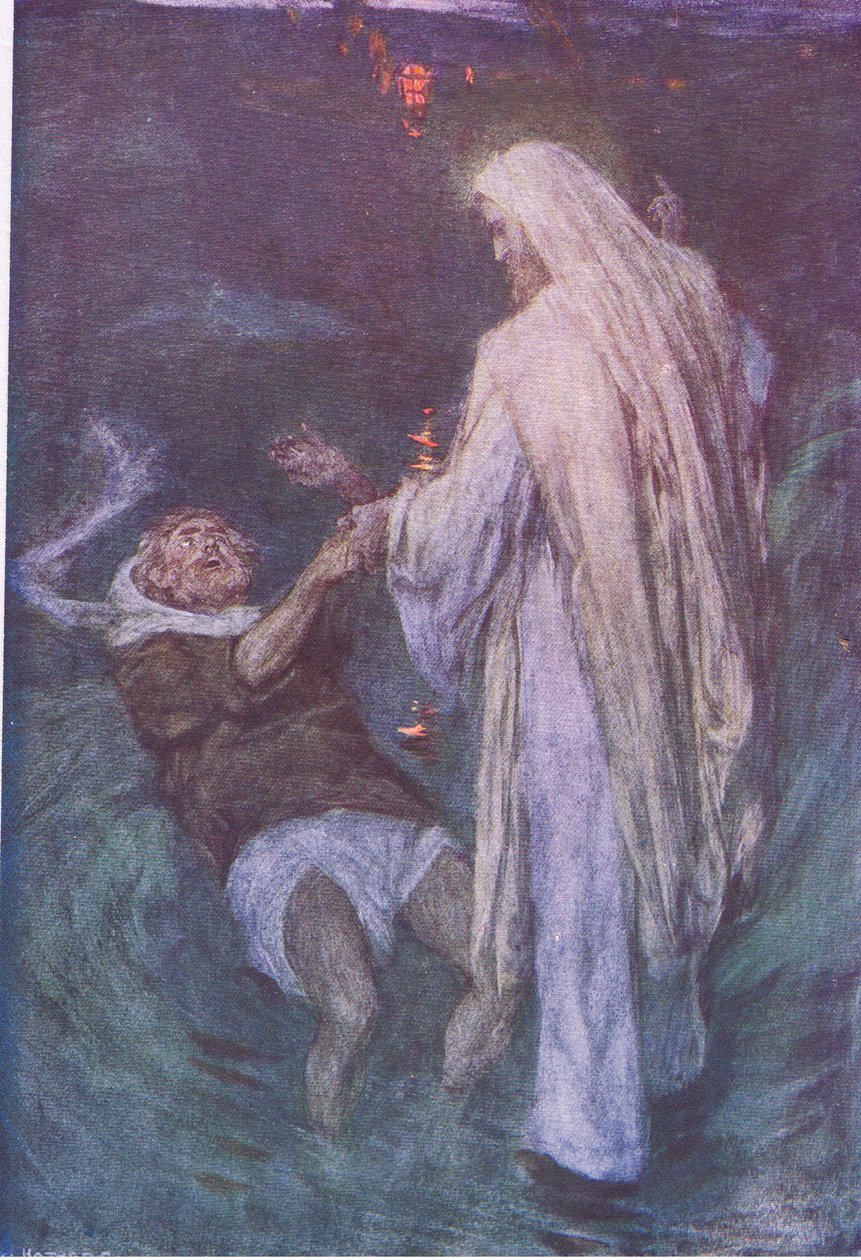 Christus loopt op de zee, uit Het Bijbelverhaal gepubliceerd door Hodder & Stoughton, ca. 1930 door William Hatherell