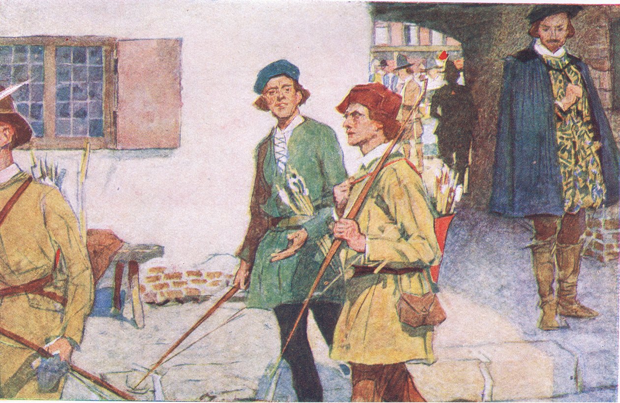 Shakespeare ziet een groep leerlingen met hun bogen en pijlen op weg naar de boogschietbanen in Moorfields, uit Mijn Tijdschrift door William Hatherell
