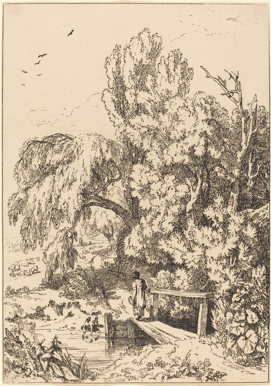 Landschap met Bomen, Meisje Overstekend Voetbrug door William Havell