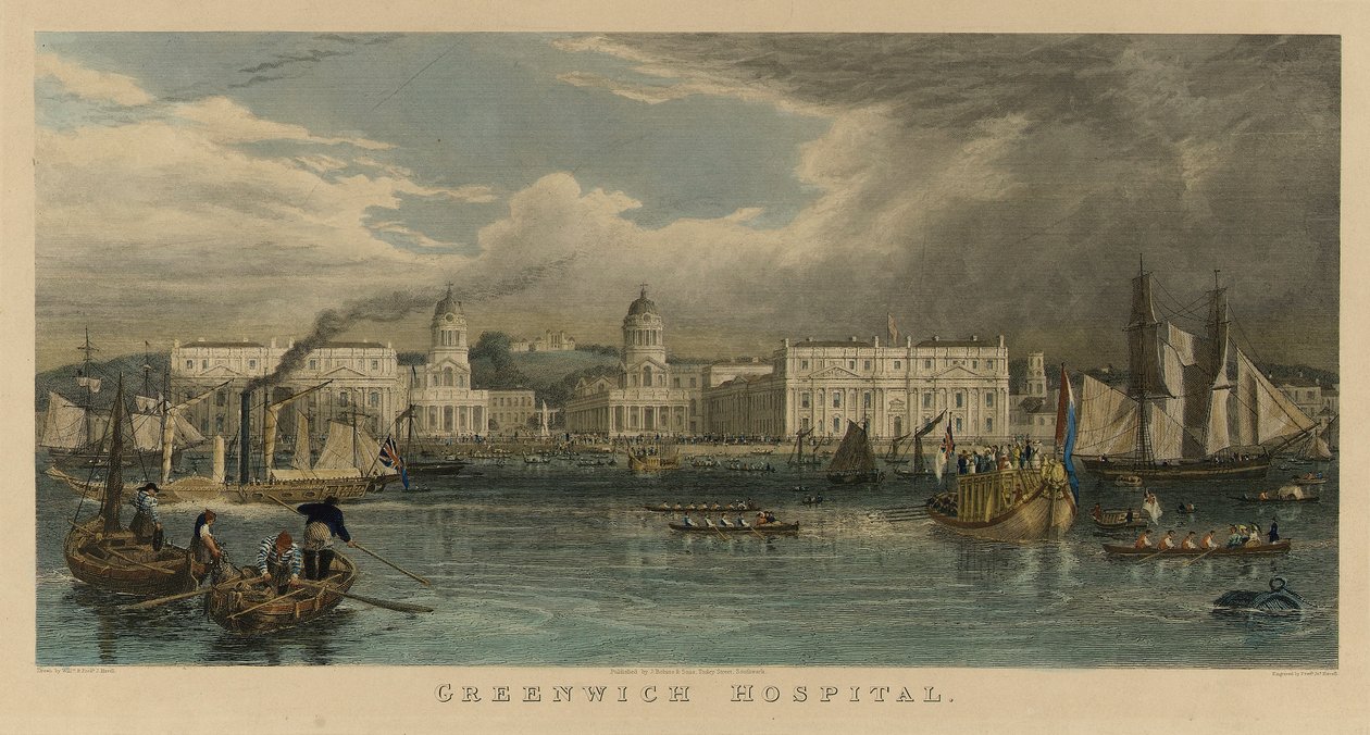 Koninklijk bezoek aan Greenwich Hospital (Engeland), met een zeilschip, een stoomboot, passagiersschuiten, roeiboten op de Theems door William Havell