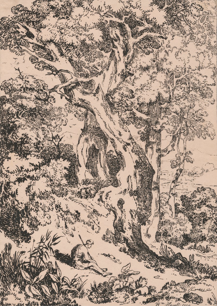 Studie van bomen en struiken met zittende mannelijke figuur door William Havell