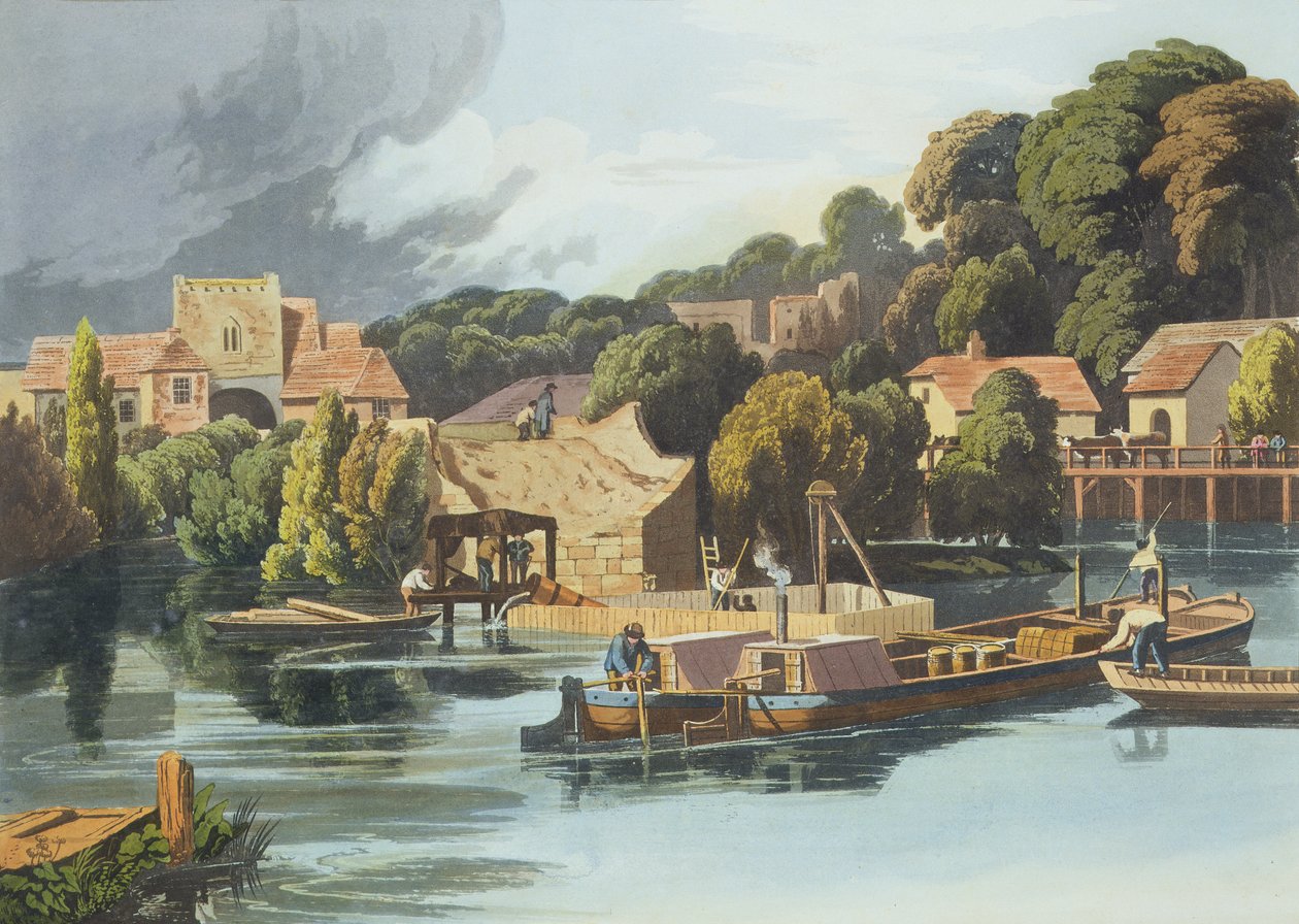 Wallingford Castle in 1810 tijdens brugreparaties, gegraveerd door Robert Havell de Jongere, gepubliceerd in 1818 door William Havell