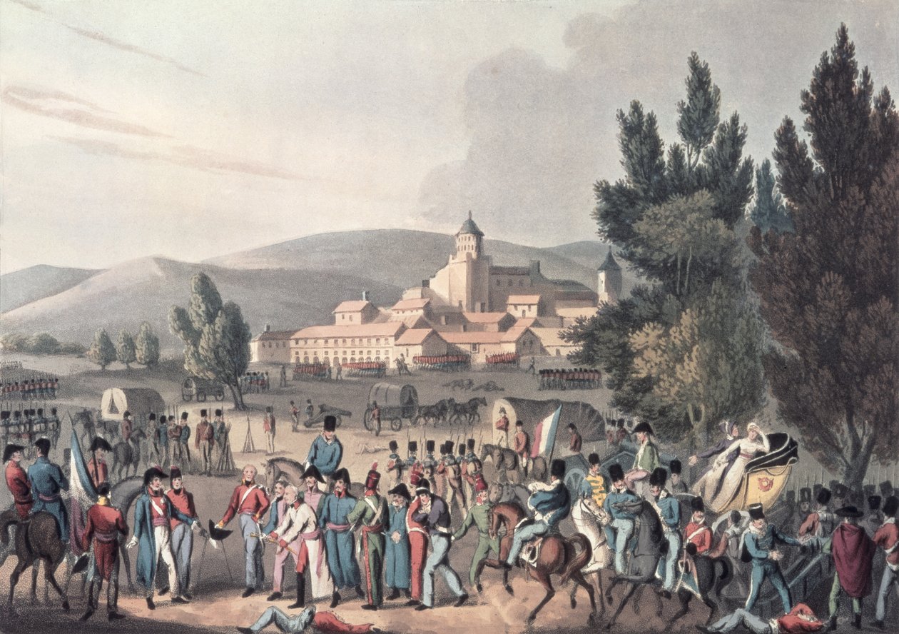 Slag bij Vittoria, 1813, gevangenen binnenbrengen, geëtst door I. Clarke, geaquarelleerd door M. DuBourg door William Heath