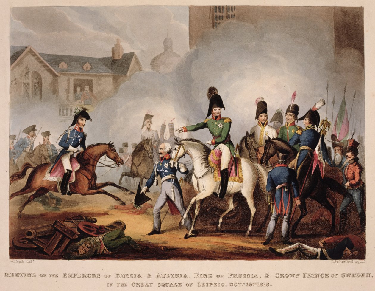 Ontmoeting van de Keizers van Rusland en Oostenrijk, Koning van Pruisen en Kroonprins van Zweden op het Grote Plein van Leipzig, 18 oktober 1813, uit 