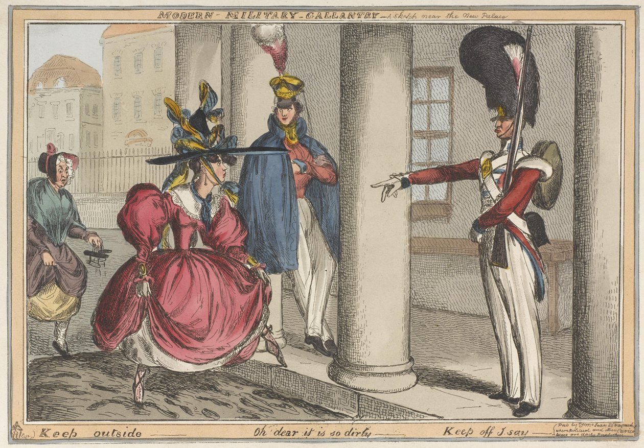Moderne militaire heldhaftigheid - Een schets bij het Nieuwe Paleis Houd buiten - Oh jee, het is zo vies, c.1829 door William Heath