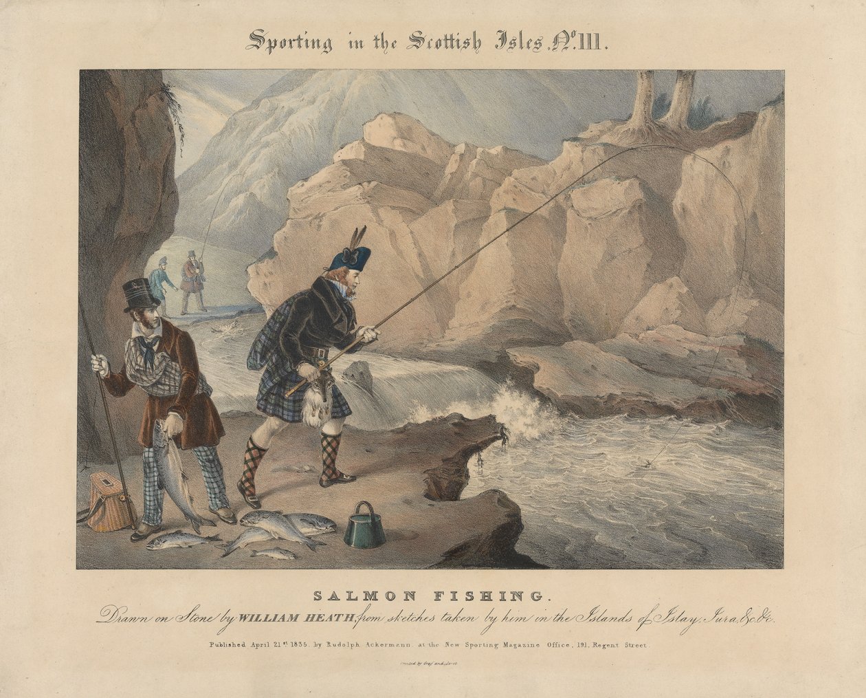 [Set van vier] Sport op de Schotse eilanden:  Nr. III.  Zalmvissen door William Heath