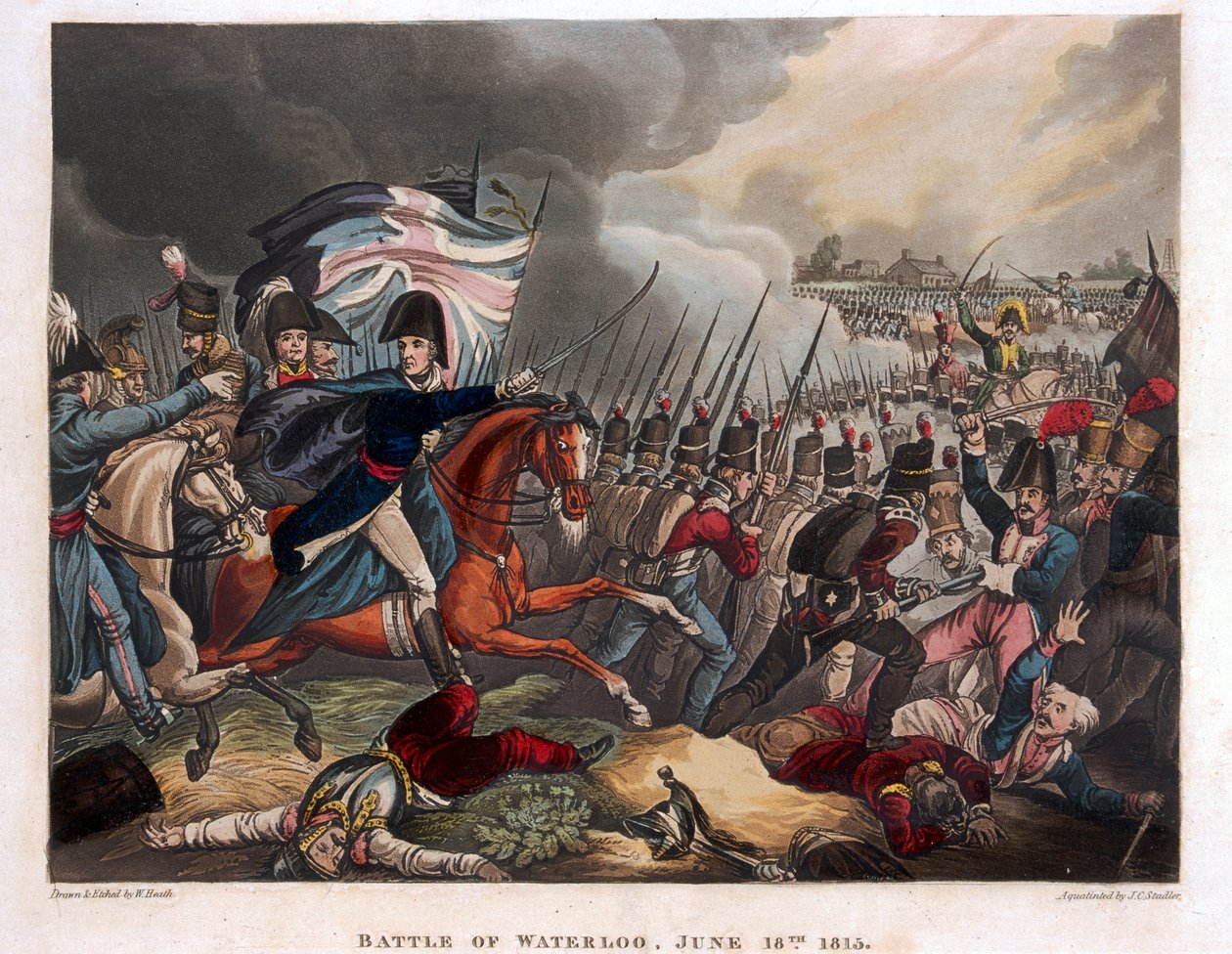 De Hertog van Wellington (1769-1852) met troepen die oprukken bij de Slag bij Waterloo, illustratie uit een verhalend gedicht door Dr. Syntax, 1818 door William Heath