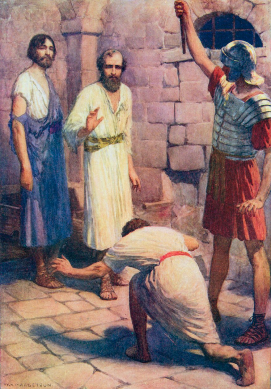 Paulus en Silas in de gevangenis (kleurenlitho) door William Henry (after) Margetson