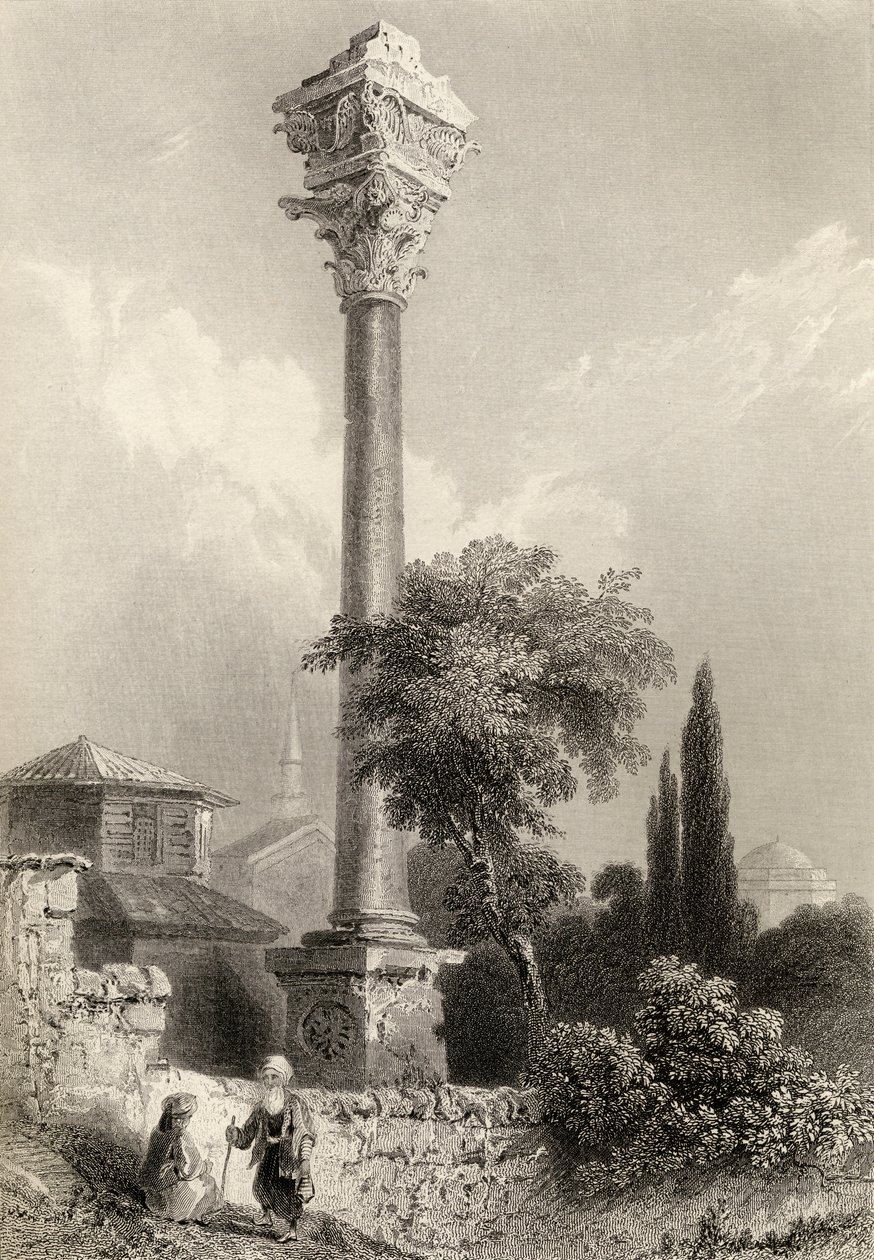 Zuil van Marcian, Istanbul, Turkije, gegraveerd door H. Adlard door William Henry Bartlett