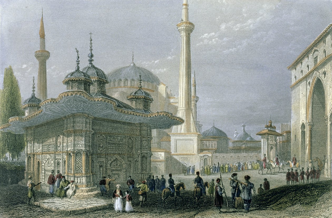 Fontein en plein van St. Sophia, Istanbul, gegraveerd door T. Higham, ca. 1850 door William Henry Bartlett