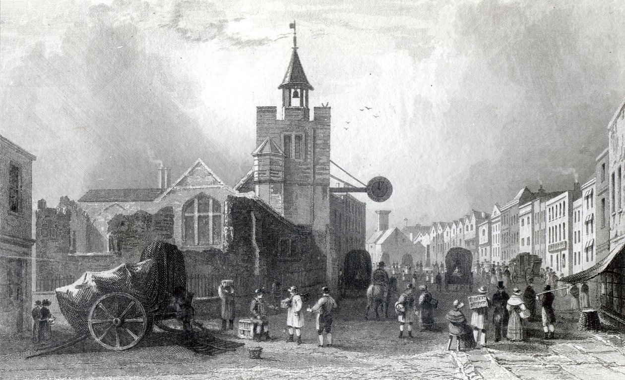 High St. met de kerk van St. Nicholas, Colchester, Essex, gegraveerd door Charles Mottram, 1831 door William Henry Bartlett