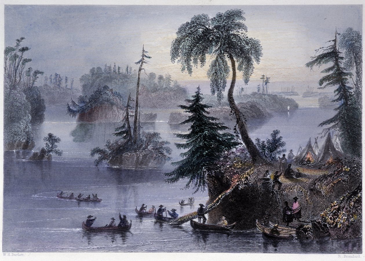 Scène tussen de Duizend Eilanden: Kamp en boten, Mille îles - in "Canadian scenery illustrated" door Bartlett W. H. door William Henry Bartlett