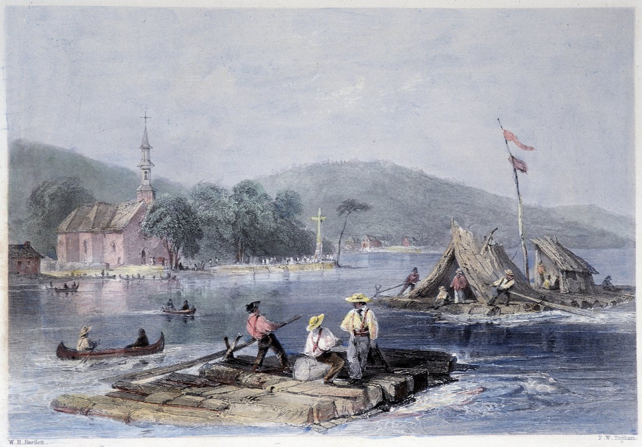 Kolonisten vlotten en houttransport op het Meer van de twee bergen - in "Canadian scenery illustrated" door Bartlett W. H. door William Henry Bartlett