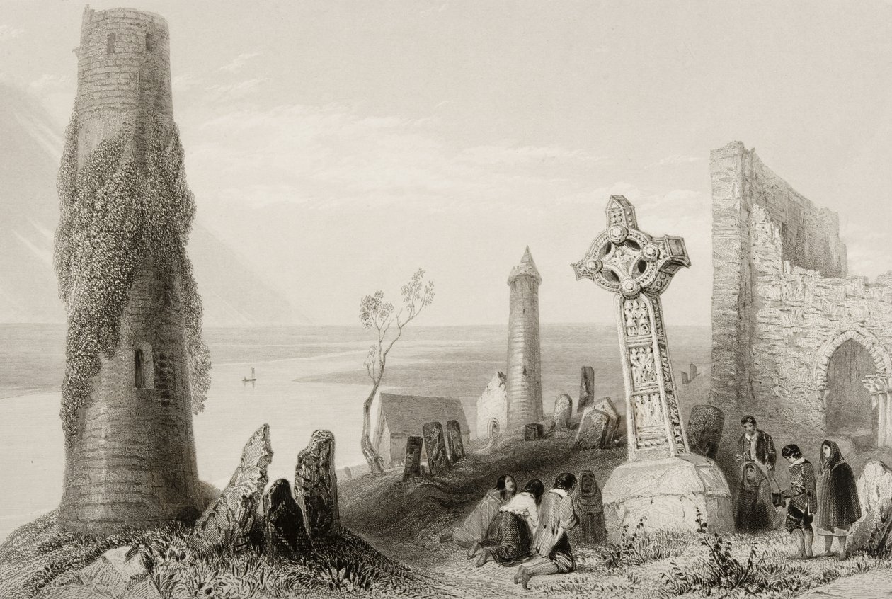 Het Oude Kruis en de Ronde Toren bij Clonmacnois, County Offaly, Ierland, uit 