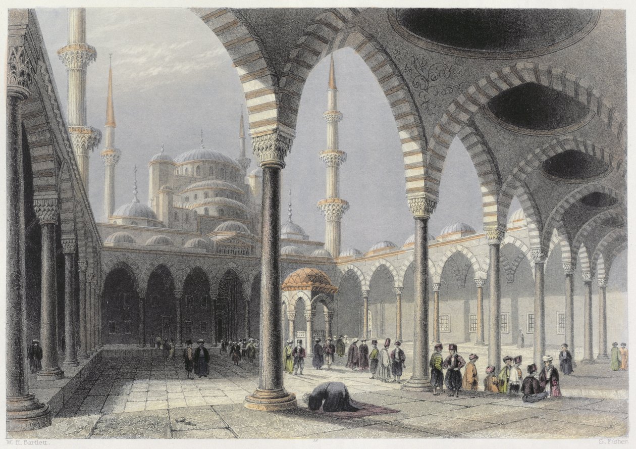 Het Hof van de Moskee van Sultan Achmet, Istanbul, gegraveerd door S. Fisher door William Henry Bartlett